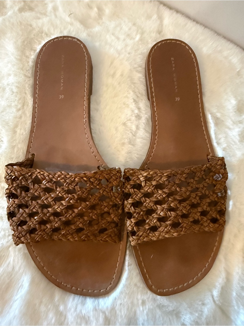 Zara Tan Braided Leather Slide Sandals
